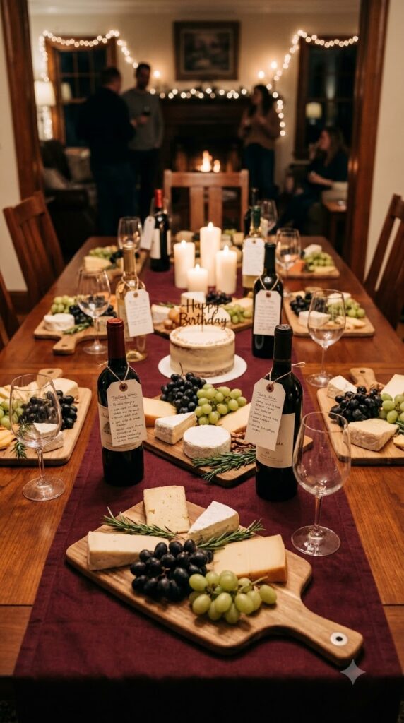 An elegant private chef dinner at home featuring gourmet dishes, candles, fresh flowers, and sophisticated birthday decor