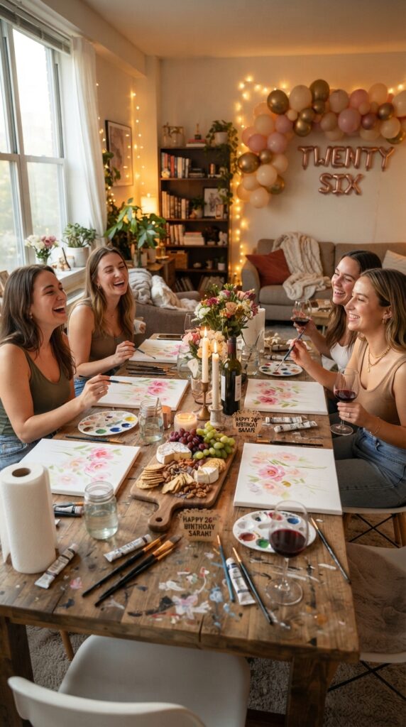 Cozy 26th birthday wine and paint party at home featuring canvases, watercolor supplies, wine glasses, candles, and a stylish dining table.