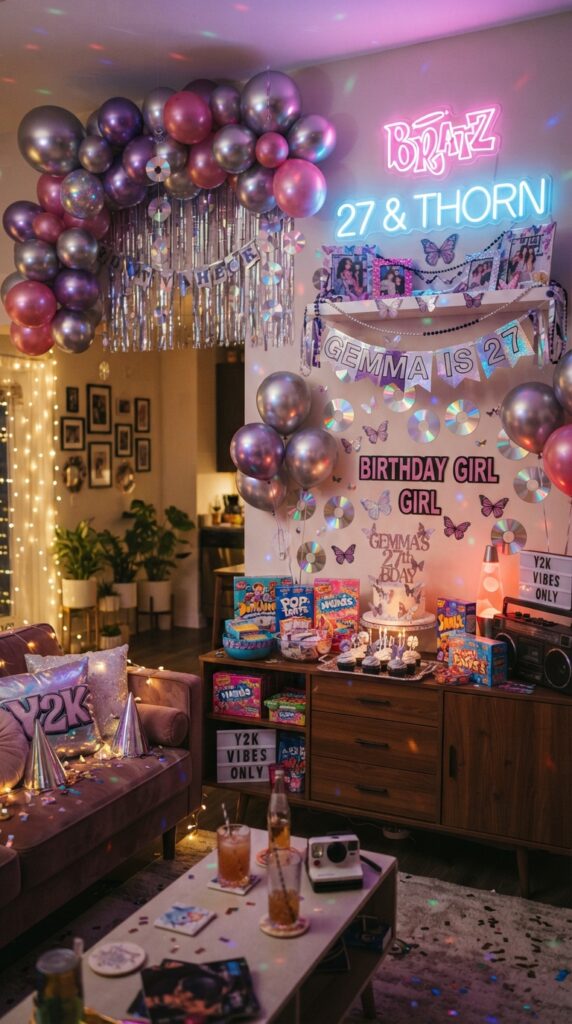 Creative Y2K-inspired 27th birthday party decorations with metallic balloons, retro props, neon accents, and nostalgic party styling.
