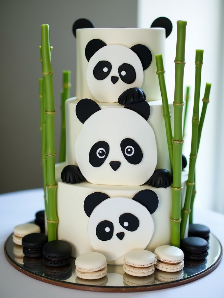 decorating festive panda themed birthday cake