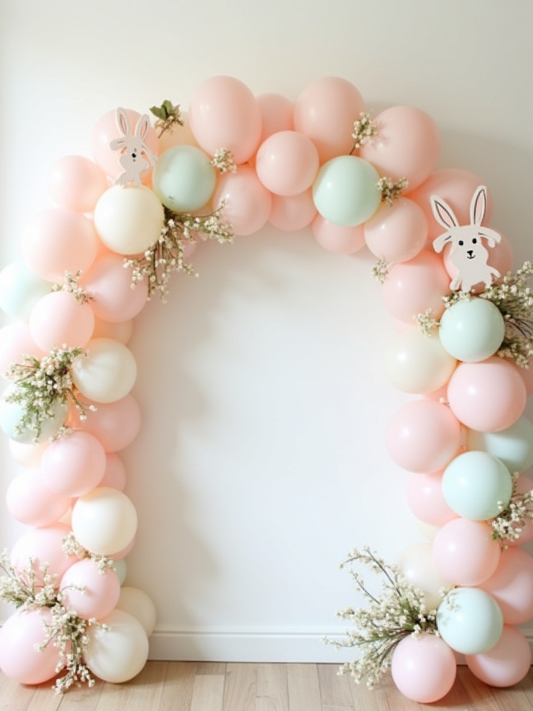 whimsical balloon arch featuring bunny accents