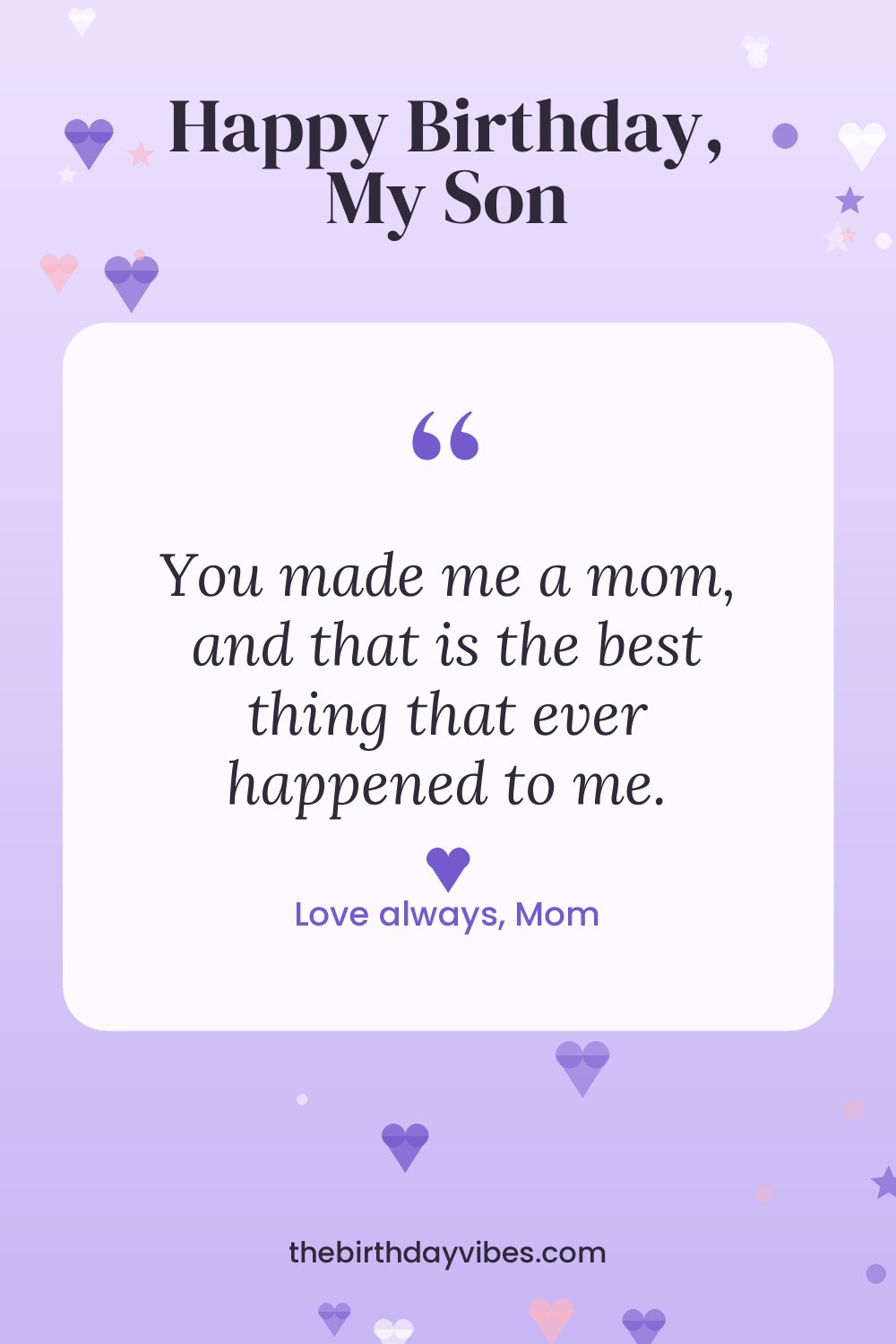 Happy birthday my son quote card from mom with purple hearts