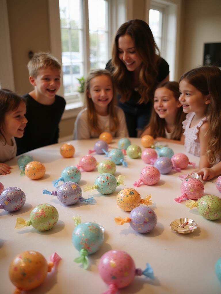 frantically unwrapping party prize filled ball