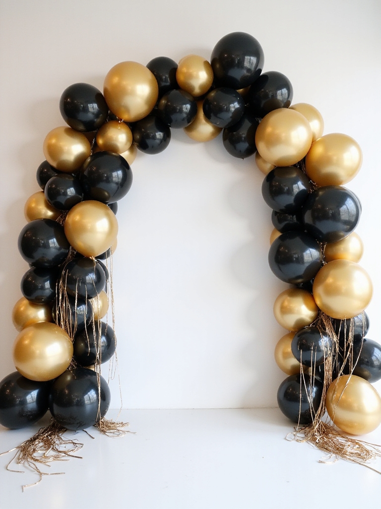 sophisticated gold and black balloon decor