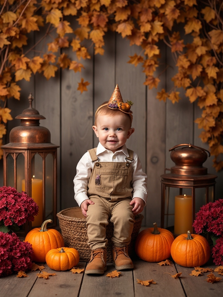 autumn themed photo backdrop setup
