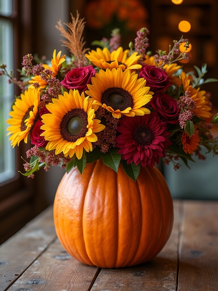 carved pumpkin floral centerpiece