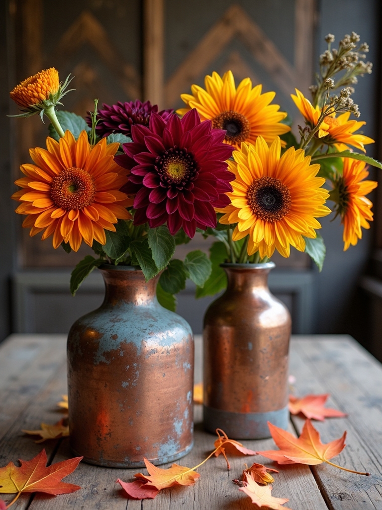 vintage vases with autumn flowers