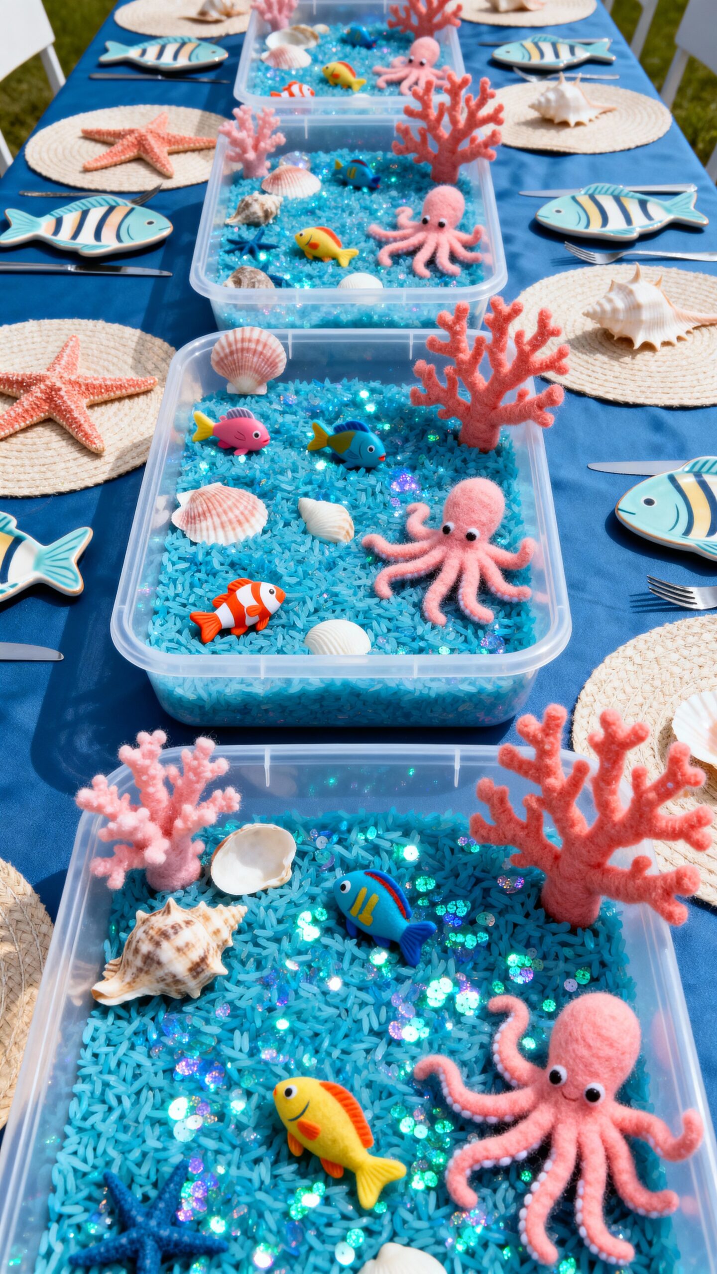 sensory ocean bin with blue rice
