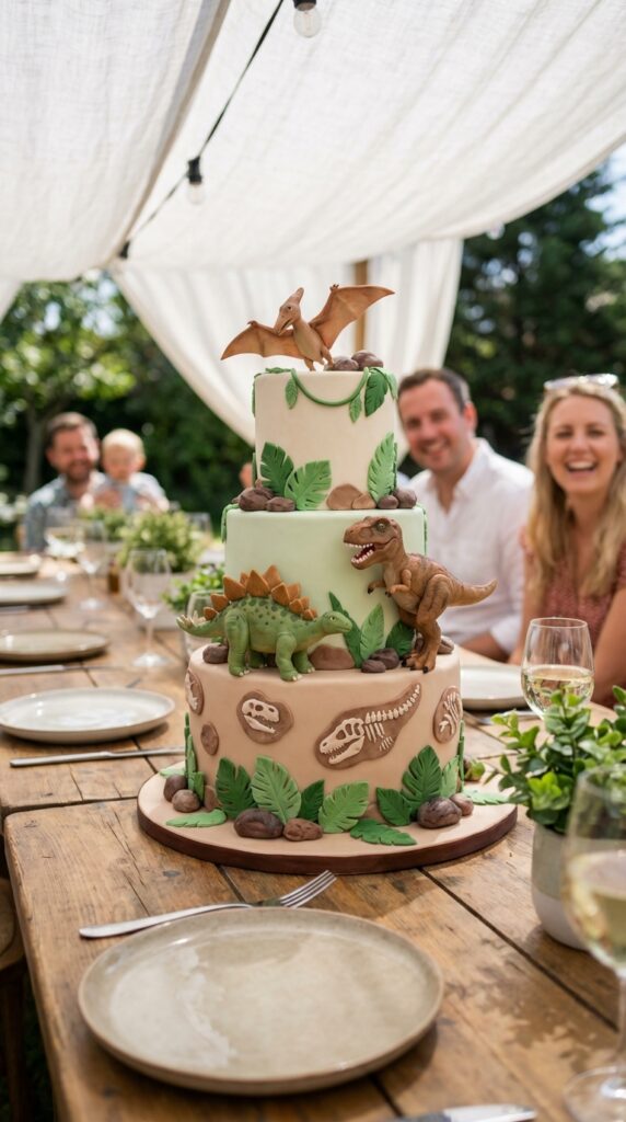 Three-tier dinosaur birthday cake
