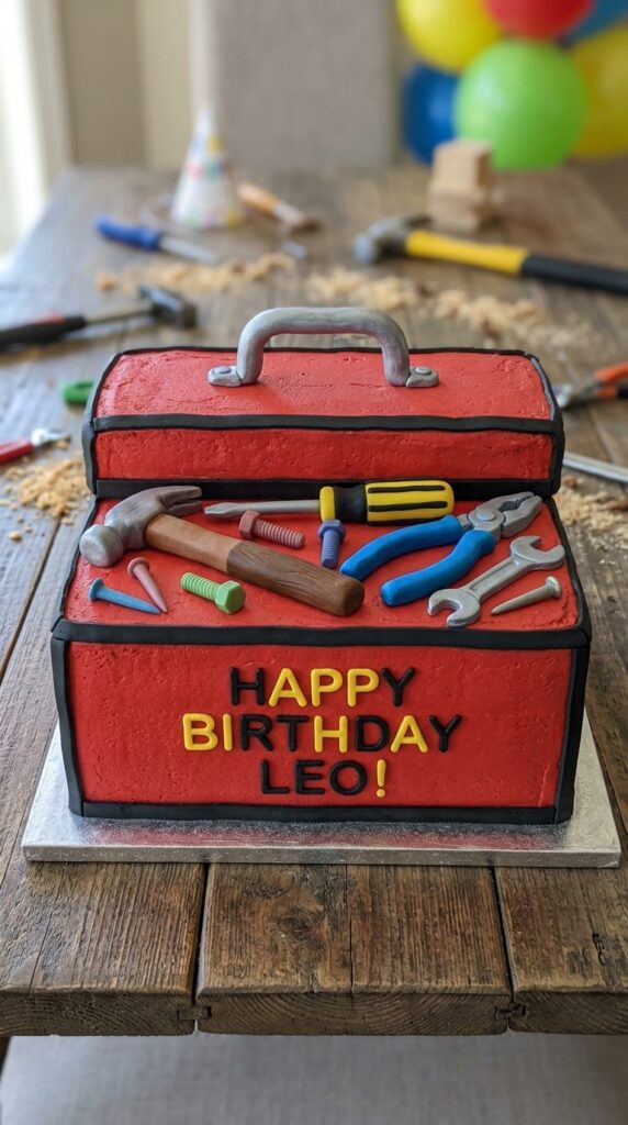Toolbox shaped construction birthday cake