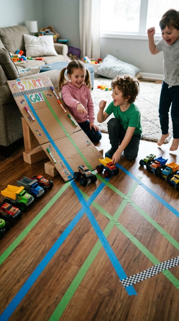 A racing play area is set up with toy trucks and ramps, where children race their vehicles down slopes, creating an exciting and competitive construction-themed activity.
