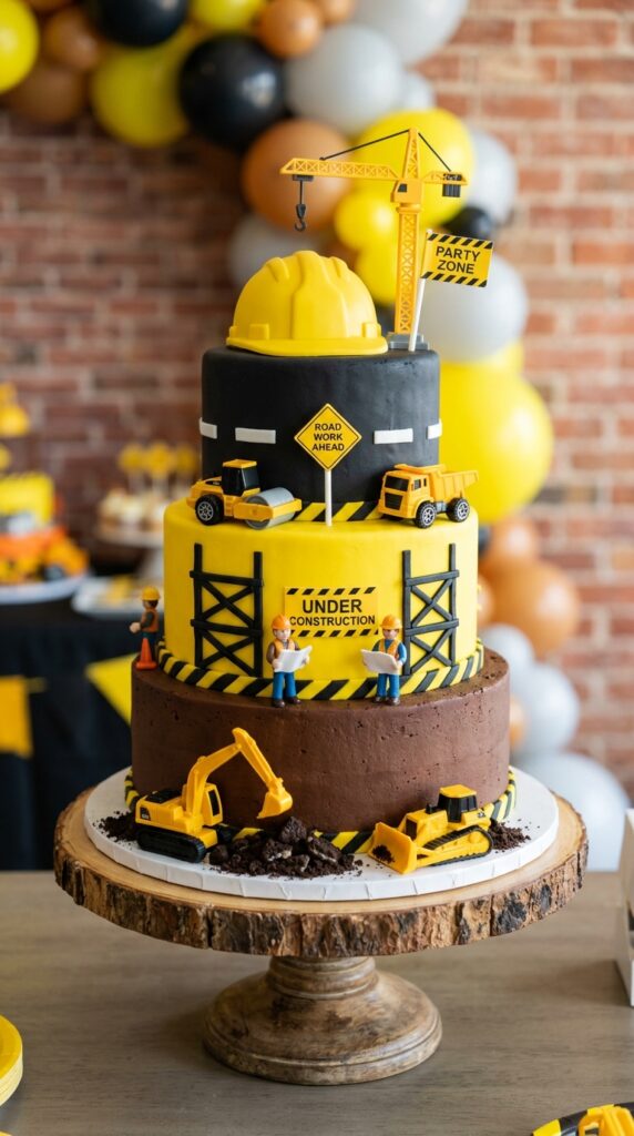 Layered multi-tier construction themed cake