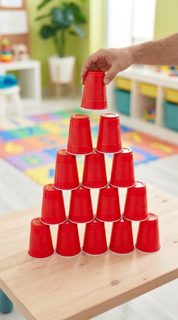 A playful game where children use a hanging soft ball to knock down a tower of stacked plastic cups, creating a fun and exciting construction-themed activity.