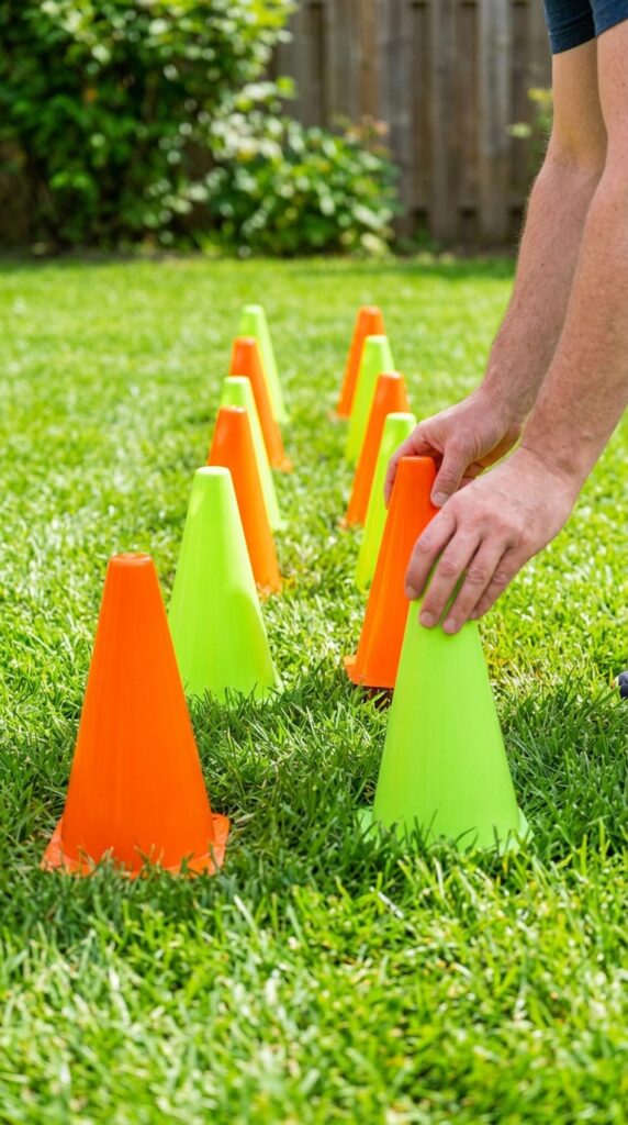A simple obstacle course made with cones arranged in a play area where children run, weave, and navigate through the course, encouraging active and energetic movement.