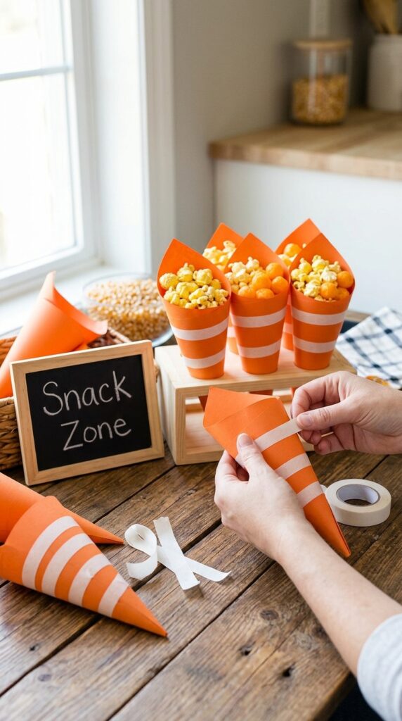 orange traffic cone snack holders filled with popcorn and cheese balls