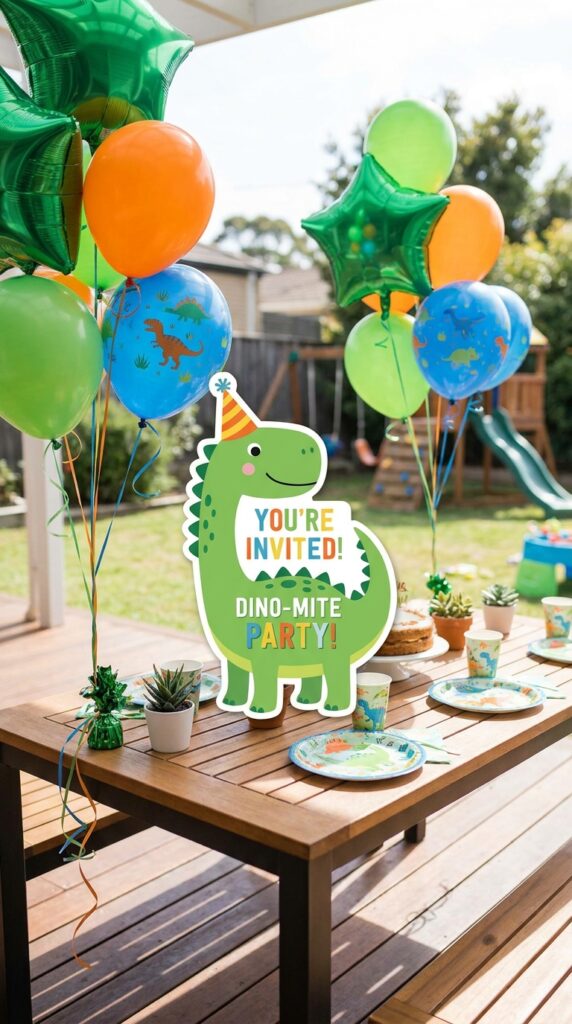 Dinosaur birthday invitation with balloons and bright colors