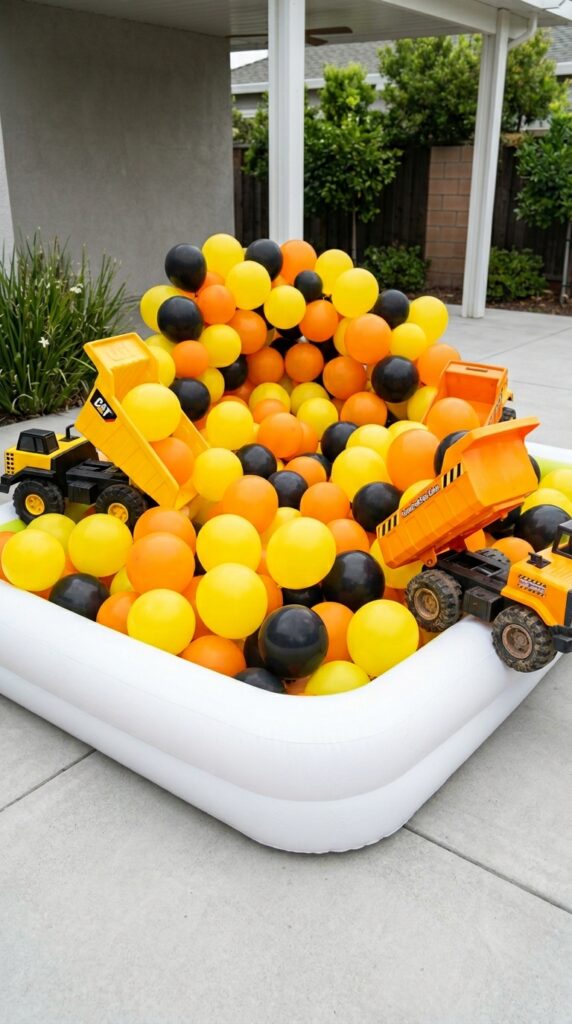 balloon filled play zone with construction theme for kids birthday