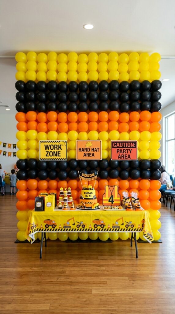 construction themed balloon wall backdrop with signs