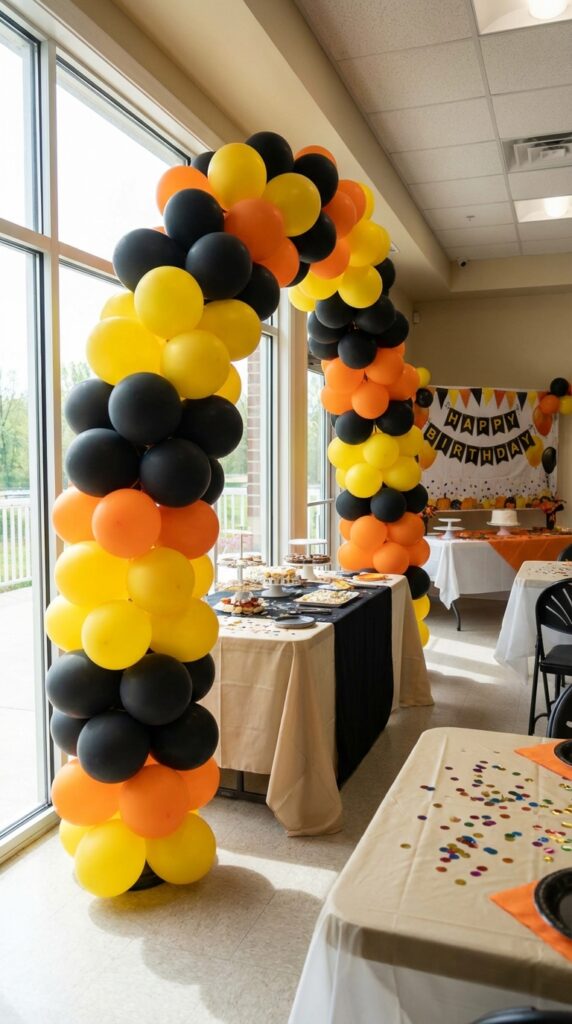 Yellow black balloon arch for construction birthday party