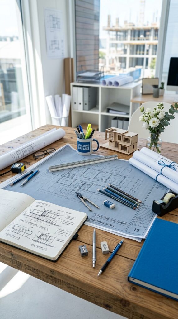 Blueprint themed centerpiece with tools and sketches