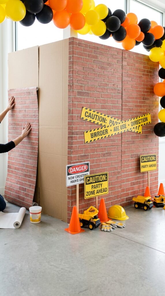 brick wall construction birthday backdrop