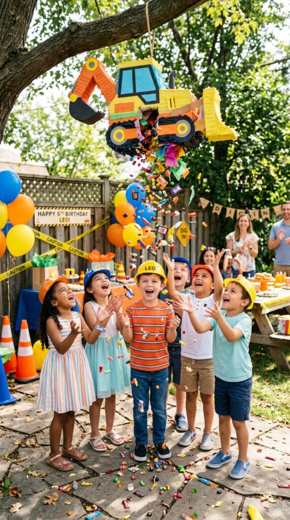Kids hitting construction themed piñata