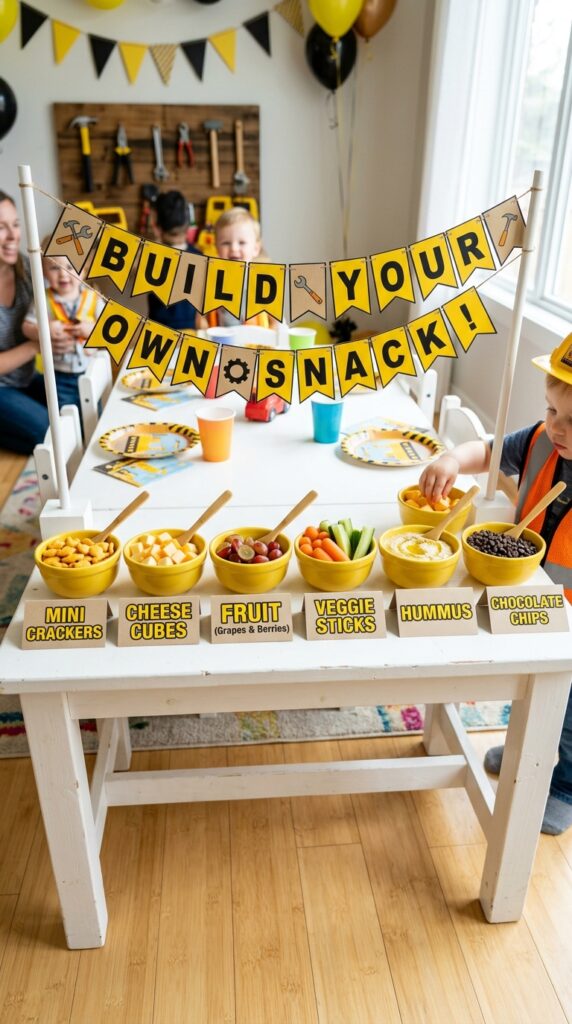 A DIY snack station with organized ingredients in small bowls where kids can safely assemble their own treats, adding a fun and interactive party activity.