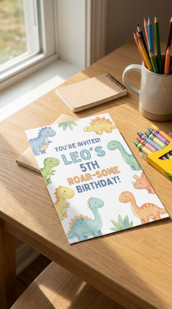 Cute cartoon dinosaur birthday invitation with bright colors