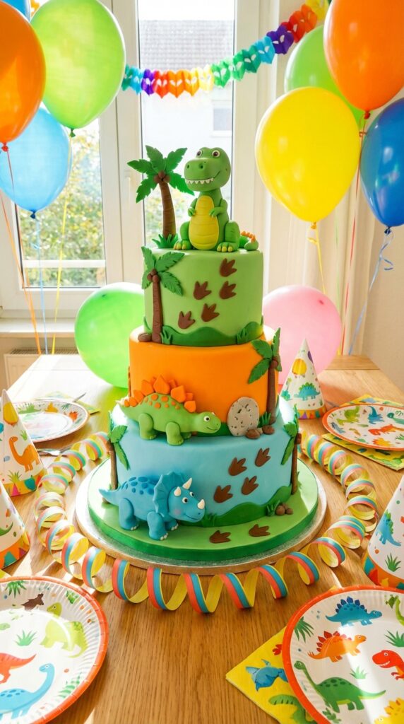 Cute cartoon dinosaur birthday cake with colorful design