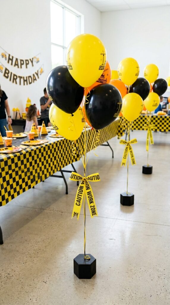 balloon bundles wrapped with caution tape for construction party