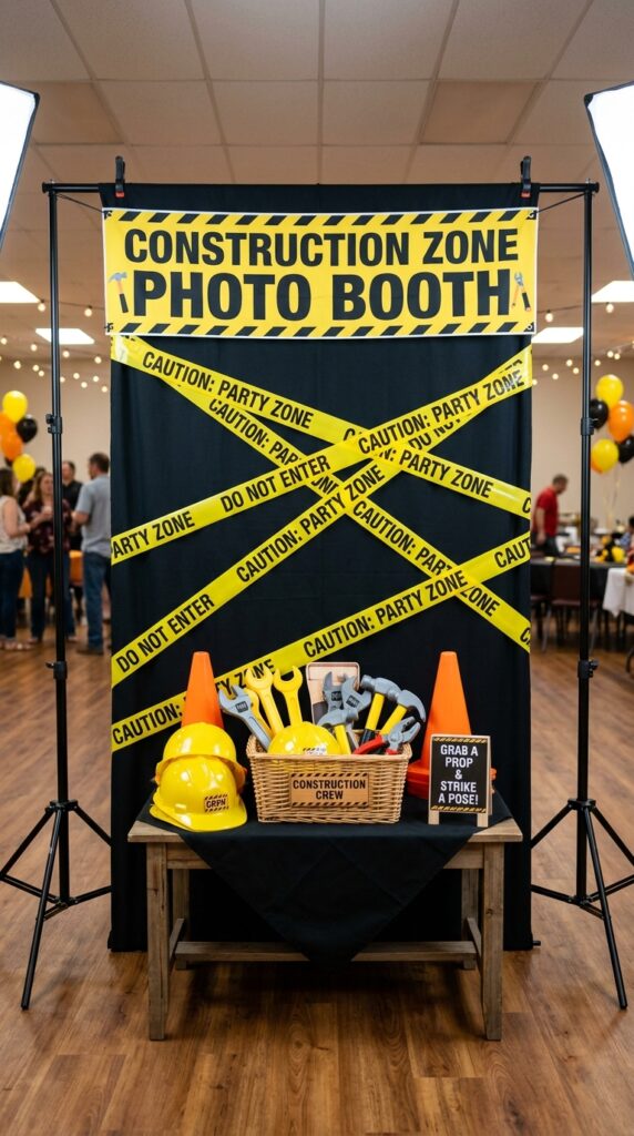 A construction themed photo booth with a plain backdrop decorated using crisscrossed caution tape, props like helmets and tools, and proper lighting for capturing memorable moments.