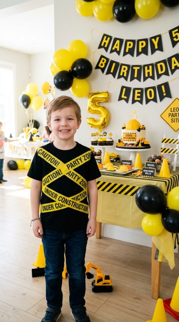 DIY caution tape t-shirt construction birthday outfit for kids