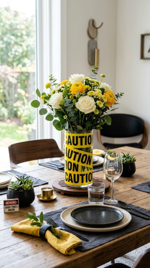 Vase wrapped in caution tape for construction centerpiece