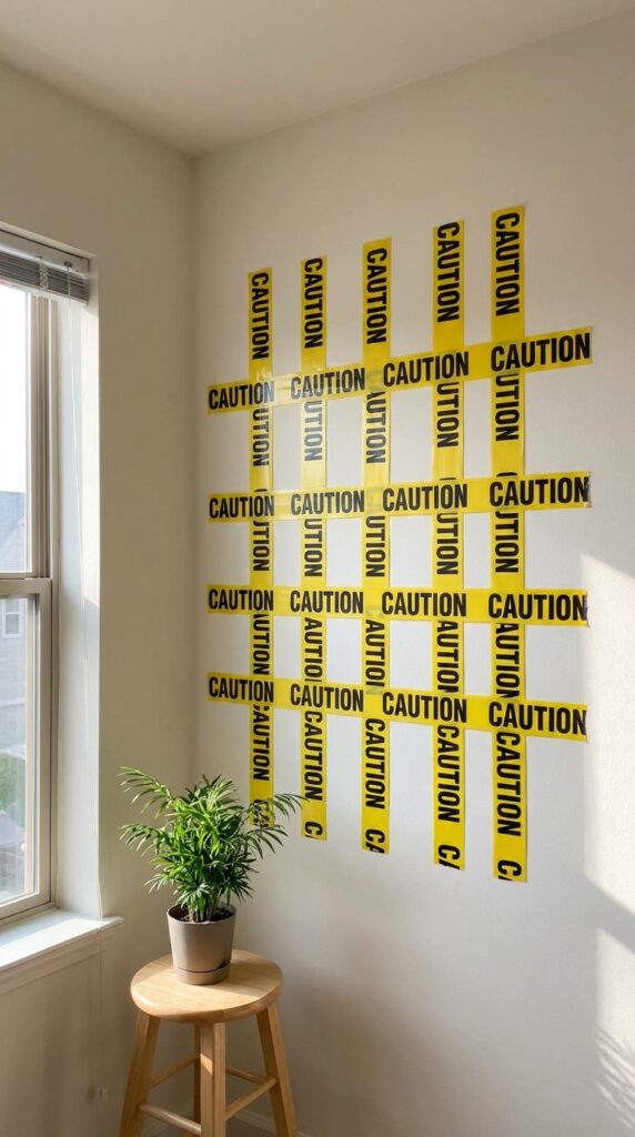 Wall decorated with caution tape for construction party