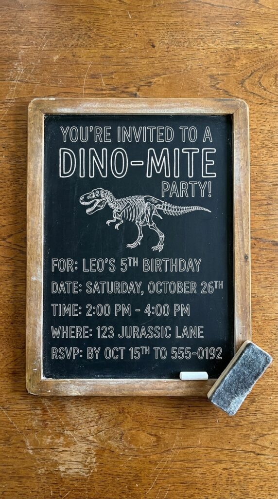 Chalkboard style dinosaur birthday invitation