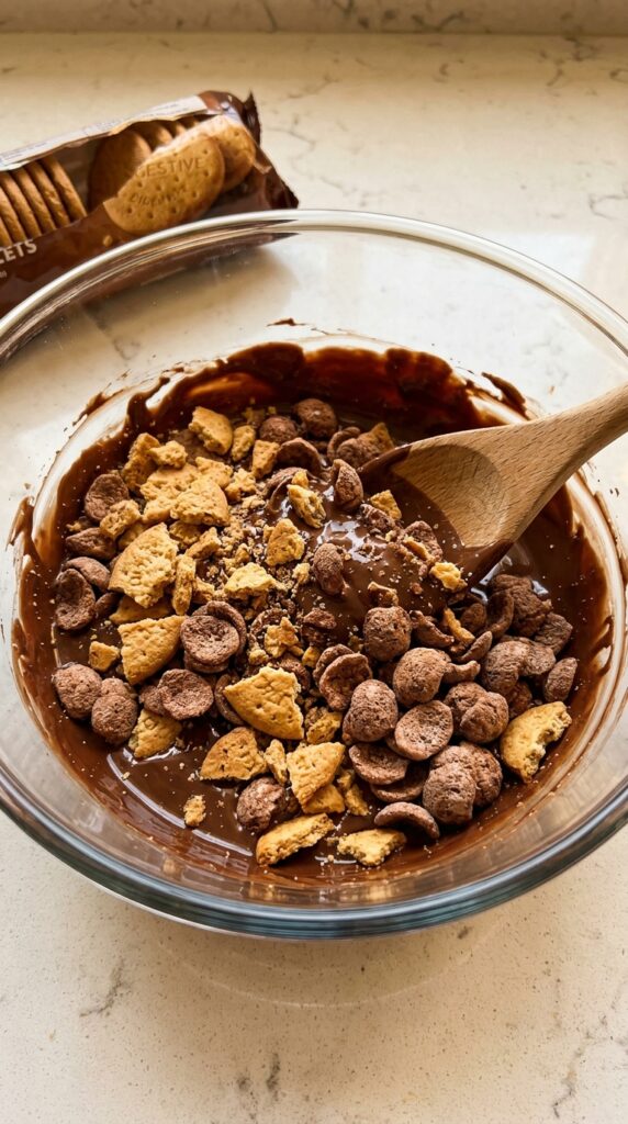 Melt chocolate and mix with crushed biscuits or cereal