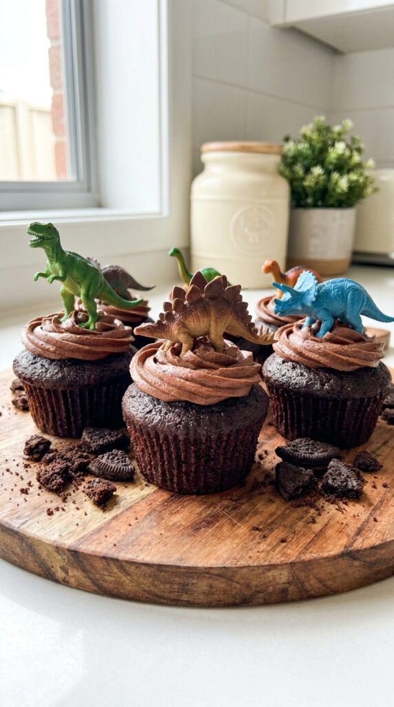 Chocolate dinosaur mud cupcakes with crushed cookies and toy dinosaurs