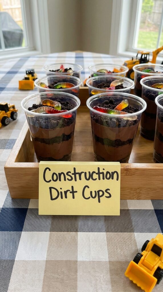 construction themed dirt cup dessert with gummy worms in clear cups