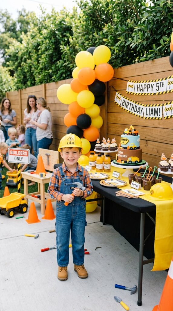 Kid wearing jeans and boots construction birthday outfit
