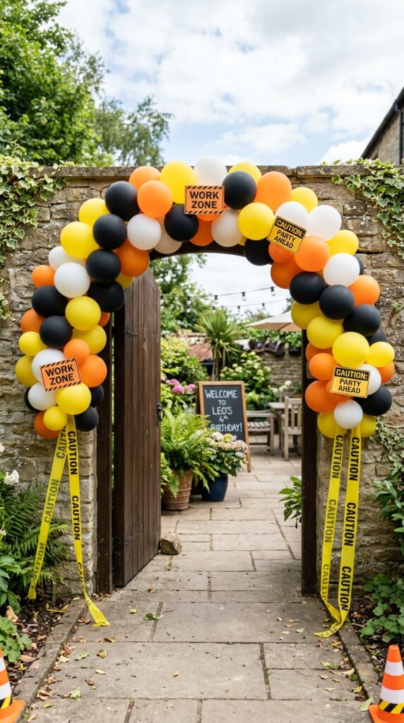 construction themed balloon arch entrance with yellow and black balloons