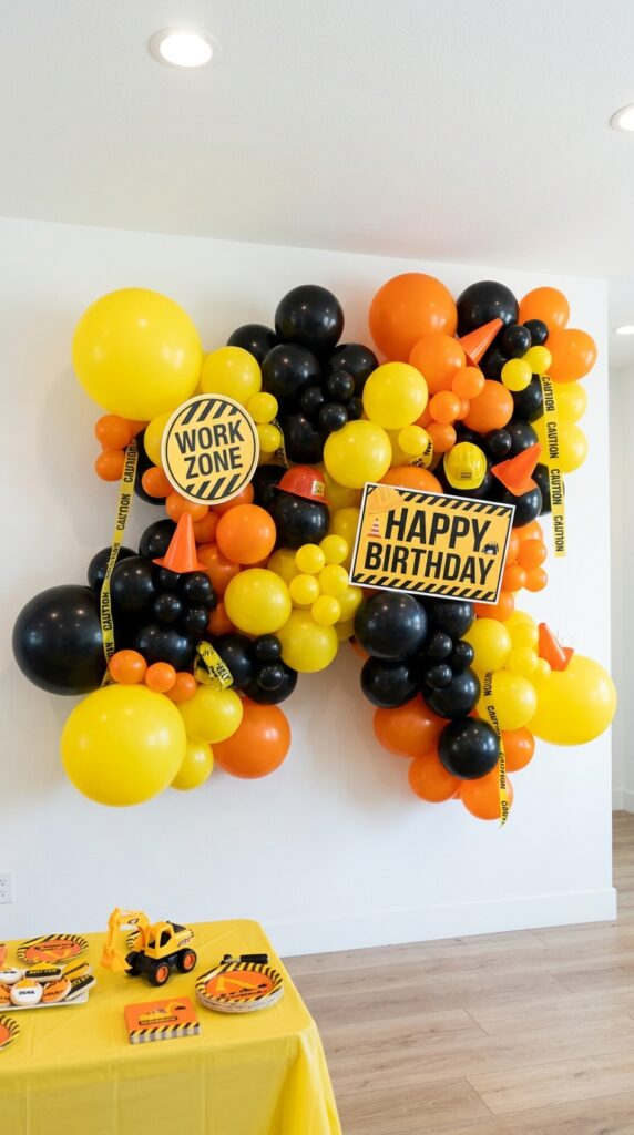 construction themed balloon backdrop with yellow and black balloons