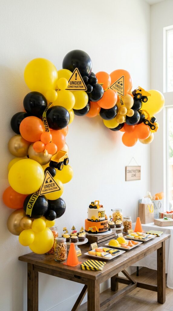A vibrant balloon garland in yellow, black, and orange that enhances party decor and creates a festive construction themed atmosphere.