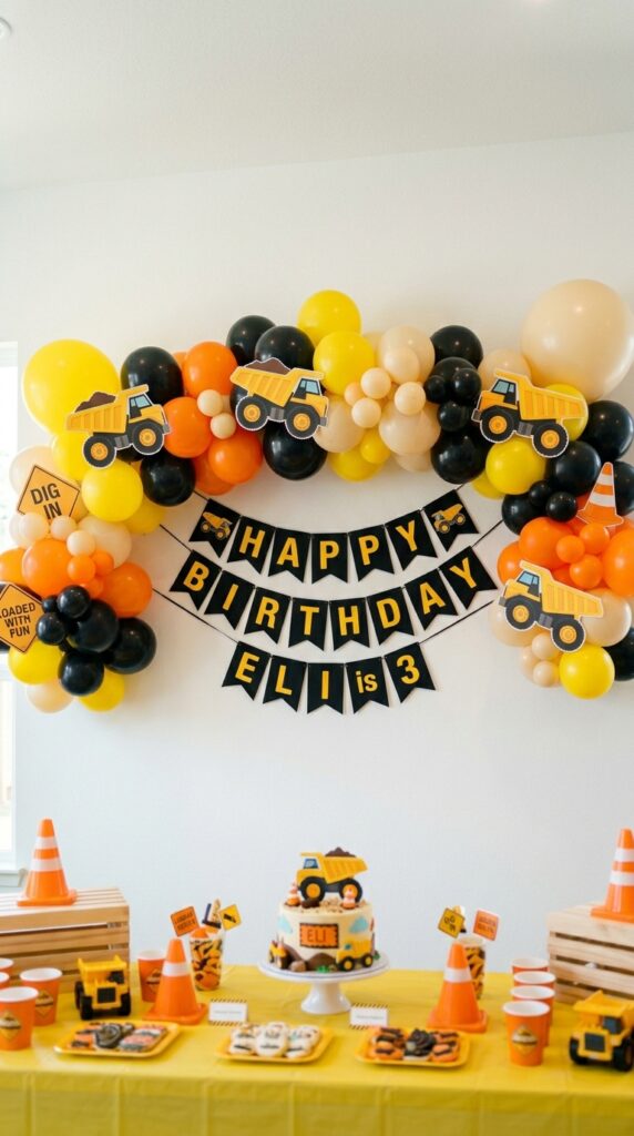 construction balloon garland backdrop for birthday party