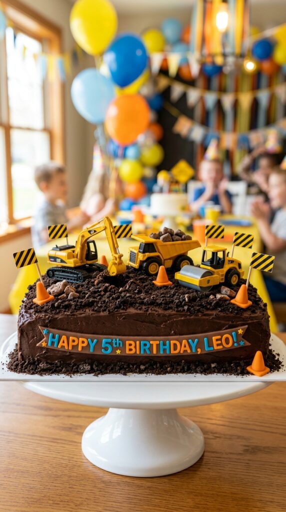 construction birthday cake display with toy trucks and crushed cookie dirt