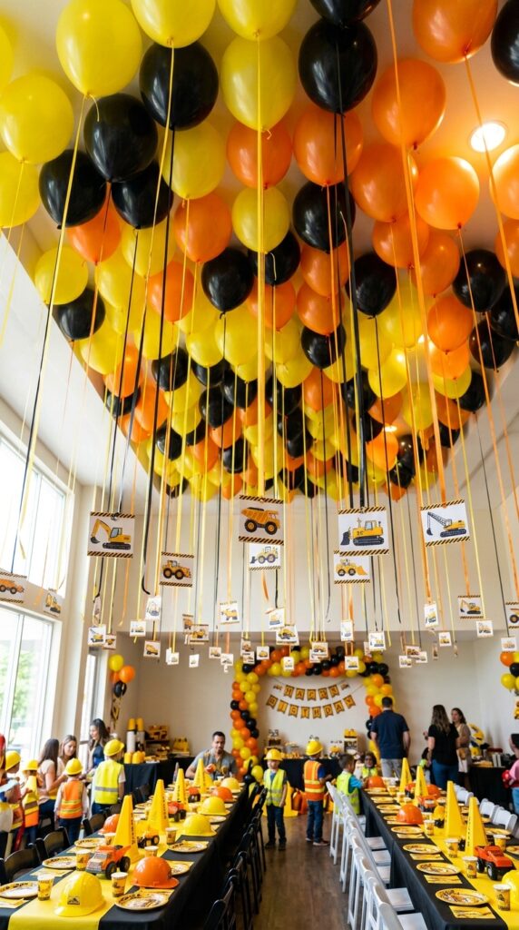 ceiling covered in construction color helium balloons with ribbons