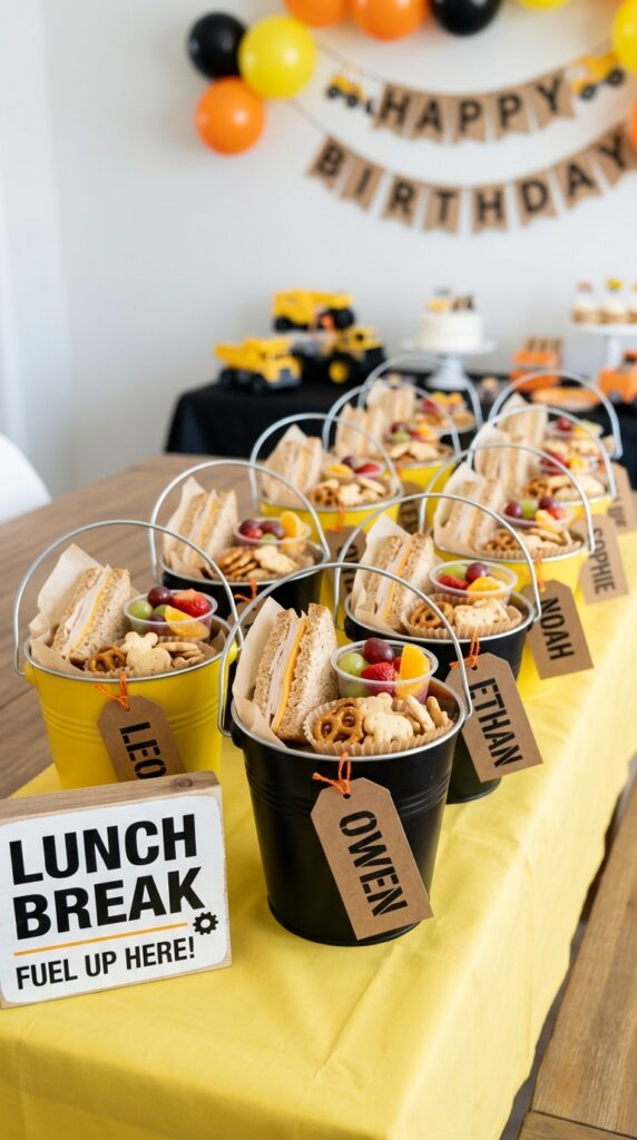 construction themed lunchbox meal pails for kids birthday party