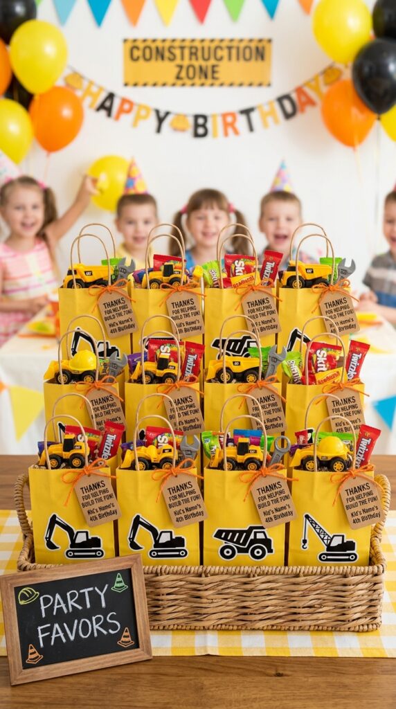 construction themed party favor bags with toys and candy