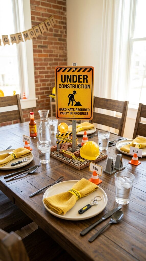 Construction sign centerpiece with caution symbols