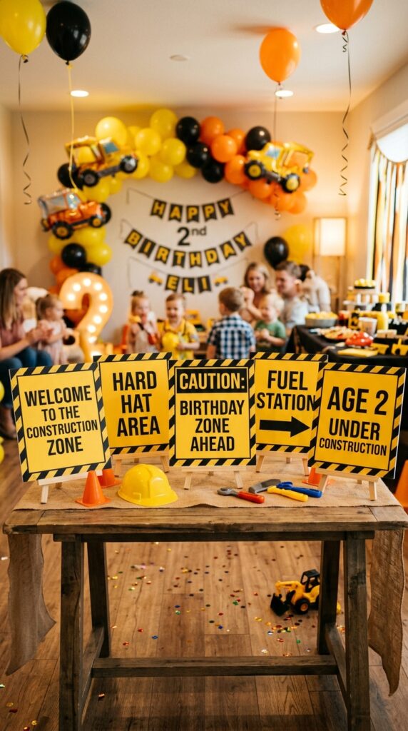 Construction themed signs placed around key party areas, printed or handmade, displayed using stands or tape, and styled to match the overall color theme.