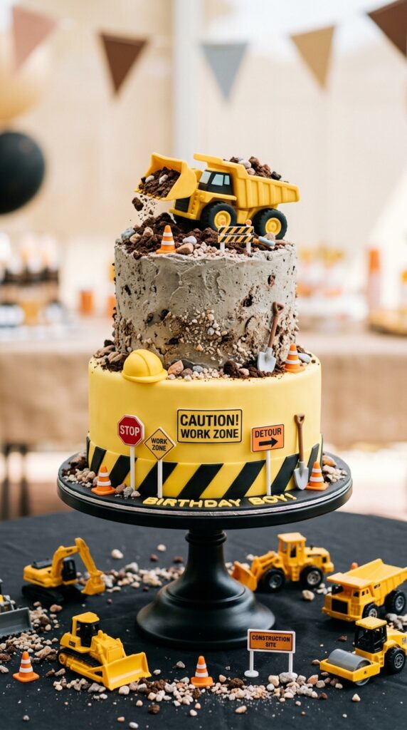 A construction themed cake displayed on a raised stand with toy trucks around the base, decorated with construction toppers and a simple background to keep the focus on the centerpiece.